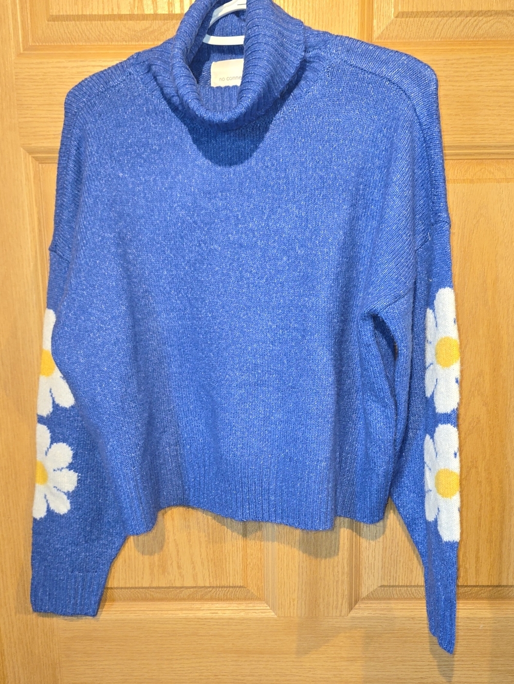 Cozy Blue Floral-Accent Turtleneck Sweater